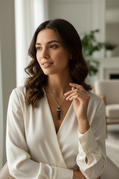 Beautiful woman wearing fluorite crystal necklace