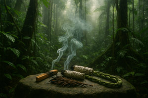 burn palo santo, white sage, cedar and sweetgrass in amazon jungle