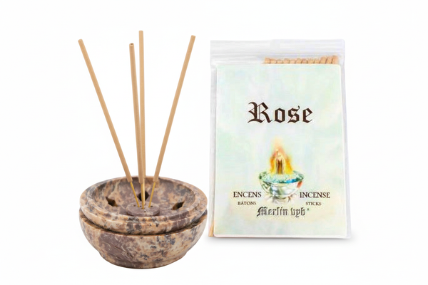 Porte-encens pierre avec paquet Rose Merlin sans pétales